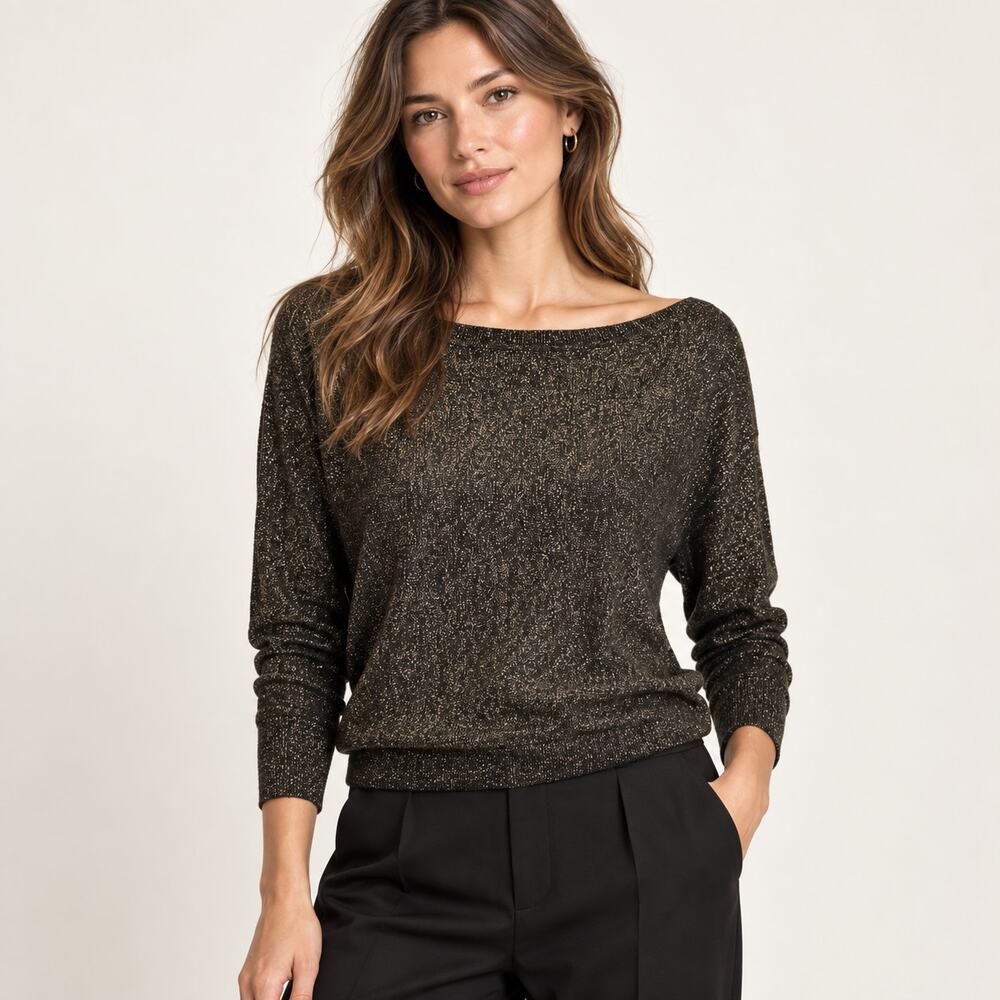 Velvet by Graham & Spencer Black Gold Metallic Silk Sweater XS NWT
